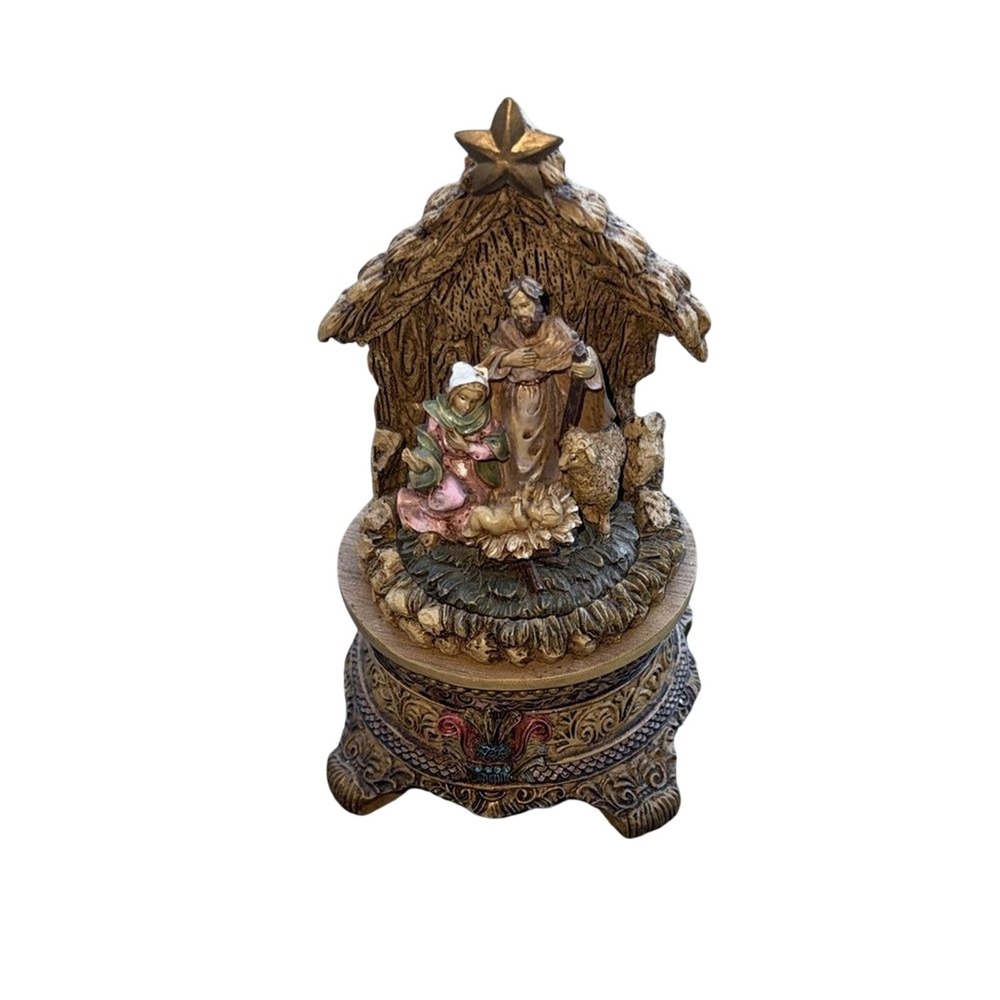 Vintage Nativity Scene Music box  Statue 6" Tall Jesus mother Mary